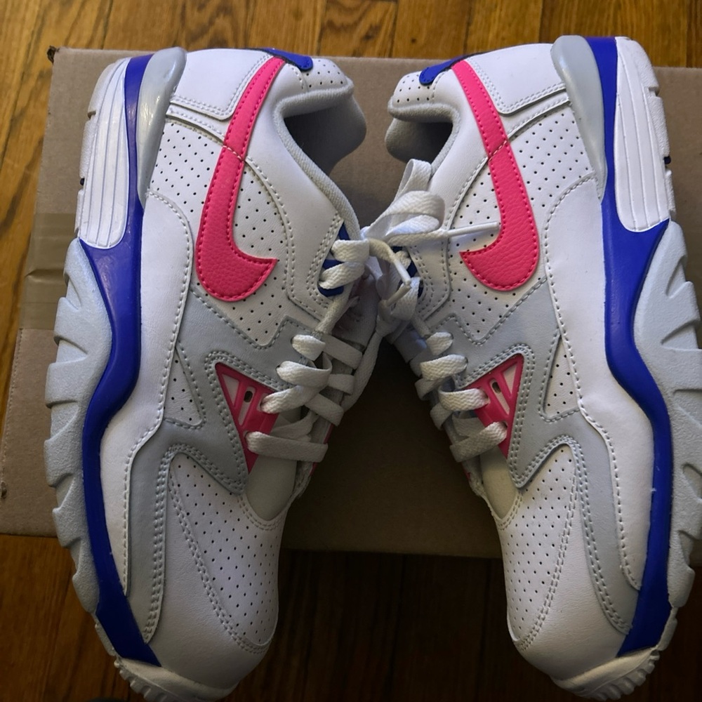 White Sneakers with Pink and Blue Accents